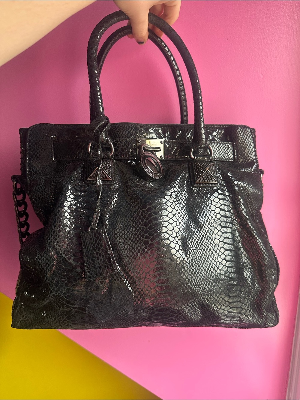 Michael Kors Hamilton Black Python Embossed Satchel